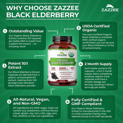 Zazzee USDA Organic Black Elderberry 10:1 Extract, 120 Vegan Capsules, 2 Month Supply, Sambucus Nigra, Antioxidant & Immune Support, Concentrated 10X Extract, All-Natural, Non-GMO, Made in the USA - PrimeBioHealth - canada supplements