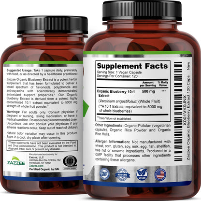 Zazzee USDA Organic Blueberry 10:1 Extract, 120 Vegan Capsules, 4 Month Supply, Whole Fruit, Vaccinium Angustifolium, Antioxidant & Cellular Health Support, Herbal Supplement, Non-GMO, Made in the USA - PrimeBioHealth - canada supplements