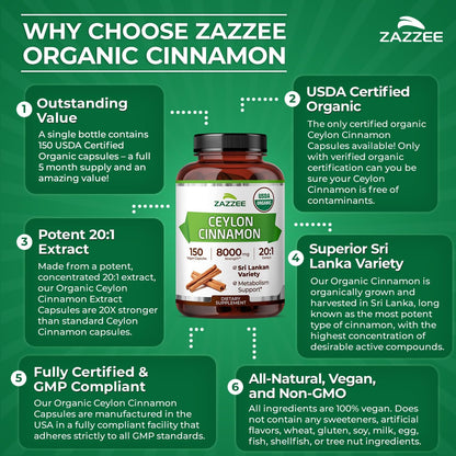 Zazzee USDA Organic Ceylon Cinnamon 20:1 Extract, 150 Vegan Capsules, 5 Month Supply, Sri Lankan Variety, Cinnamomum Verum, Antioxidant & Metabolic Support, All-Natural, Non-GMO, Made in the USA - PrimeBioHealth - canada supplements