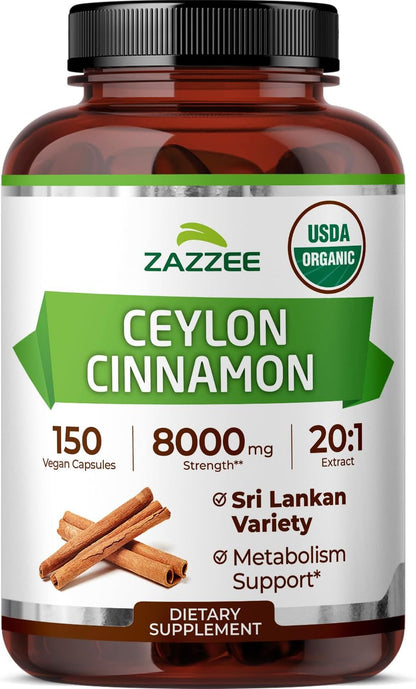 Zazzee USDA Organic Ceylon Cinnamon 20:1 Extract, 150 Vegan Capsules, 5 Month Supply, Sri Lankan Variety, Cinnamomum Verum, Antioxidant & Metabolic Support, All-Natural, Non-GMO, Made in the USA - PrimeBioHealth - canada supplements