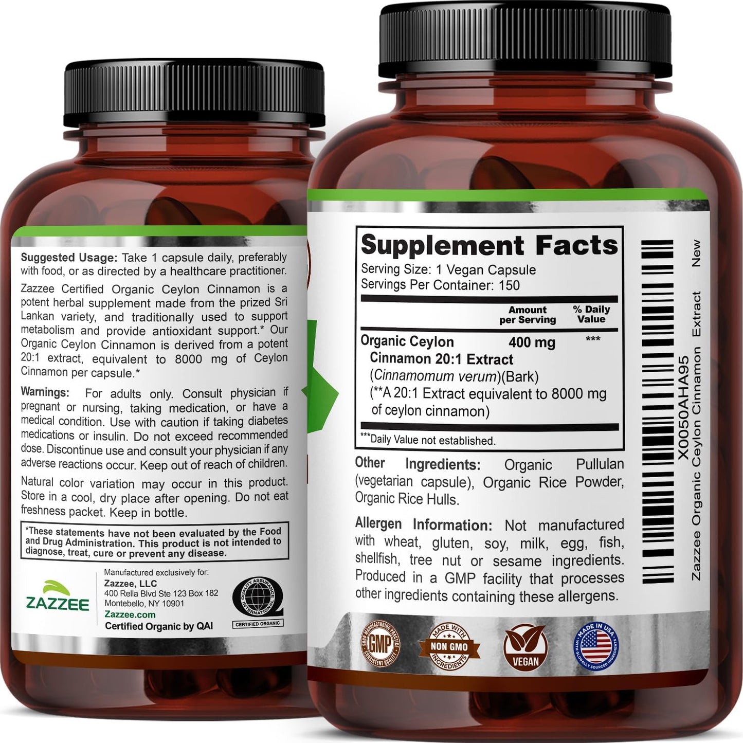 Zazzee USDA Organic Ceylon Cinnamon 20:1 Extract, 150 Vegan Capsules, 5 Month Supply, Sri Lankan Variety, Cinnamomum Verum, Antioxidant & Metabolic Support, All-Natural, Non-GMO, Made in the USA - PrimeBioHealth - canada supplements