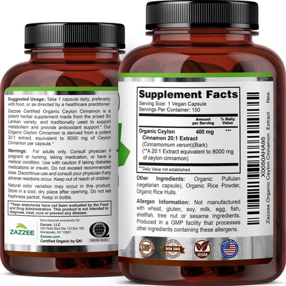 Zazzee USDA Organic Ceylon Cinnamon 20:1 Extract, 150 Vegan Capsules, 5 Month Supply, Sri Lankan Variety, Cinnamomum Verum, Antioxidant & Metabolic Support, All-Natural, Non-GMO, Made in the USA - PrimeBioHealth - canada supplements