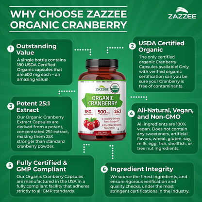 Zazzee USDA Organic Cranberry 25:1 Extract, 500 mg per Capsule, 100 Vegan Capsules, 3+ Month Supply, Certified Kosher, Vaccinium Macrocarpon, Non-GMO, Made in the USA - PrimeBioHealth - canada supplements