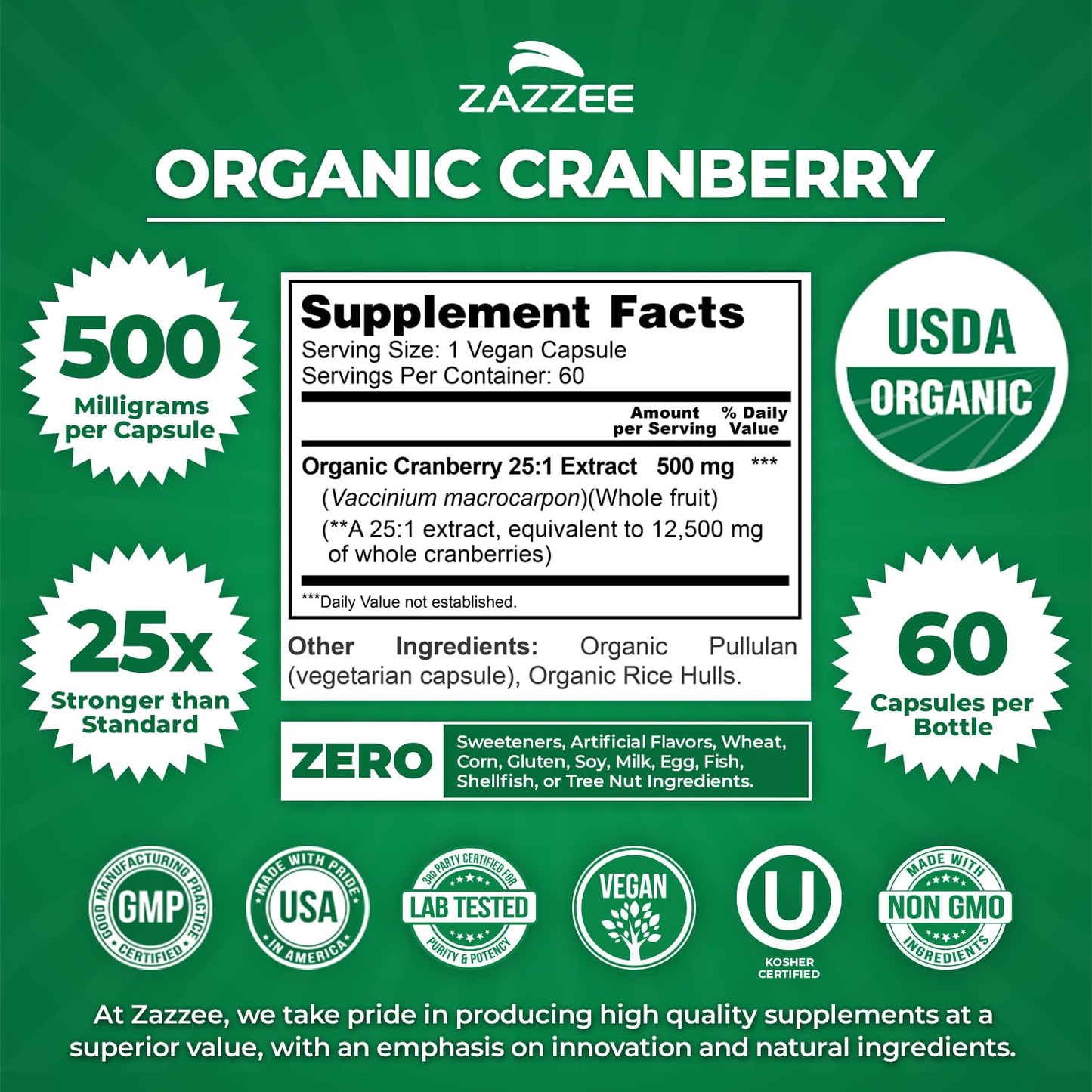 Zazzee USDA Organic Cranberry 25:1 Extract, 500 mg per Capsule, 100 Vegan Capsules, 3+ Month Supply, Certified Kosher, Vaccinium Macrocarpon, Non-GMO, Made in the USA - PrimeBioHealth - canada supplements