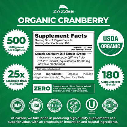 Zazzee USDA Organic Cranberry 25:1 Extract, 500 mg per Capsule, 100 Vegan Capsules, 3+ Month Supply, Certified Kosher, Vaccinium Macrocarpon, Non-GMO, Made in the USA - PrimeBioHealth - canada supplements