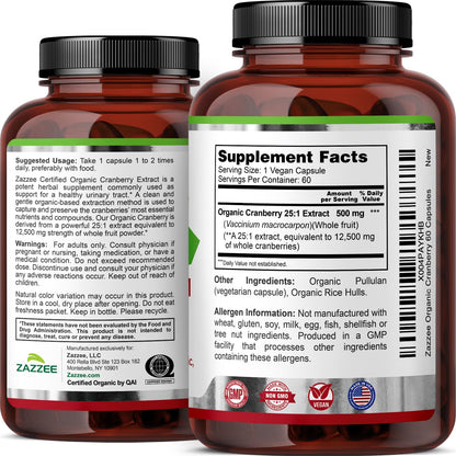 Zazzee USDA Organic Cranberry 25:1 Extract, 500 mg per Capsule, 100 Vegan Capsules, 3+ Month Supply, Certified Kosher, Vaccinium Macrocarpon, Non-GMO, Made in the USA - PrimeBioHealth - canada supplements