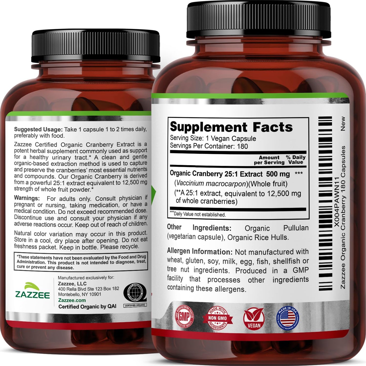 Zazzee USDA Organic Cranberry 25:1 Extract, 500 mg per Capsule, 100 Vegan Capsules, 3+ Month Supply, Certified Kosher, Vaccinium Macrocarpon, Non-GMO, Made in the USA - PrimeBioHealth - canada supplements