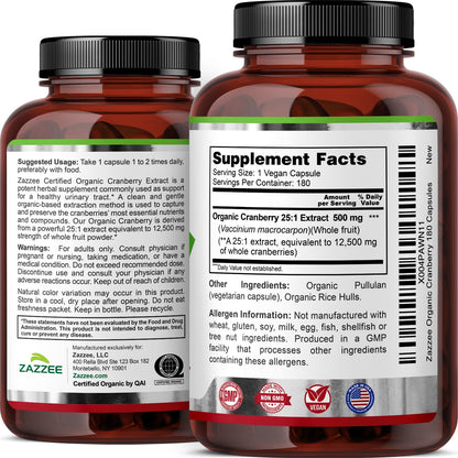 Zazzee USDA Organic Cranberry 25:1 Extract, 500 mg per Capsule, 100 Vegan Capsules, 3+ Month Supply, Certified Kosher, Vaccinium Macrocarpon, Non-GMO, Made in the USA - PrimeBioHealth - canada supplements