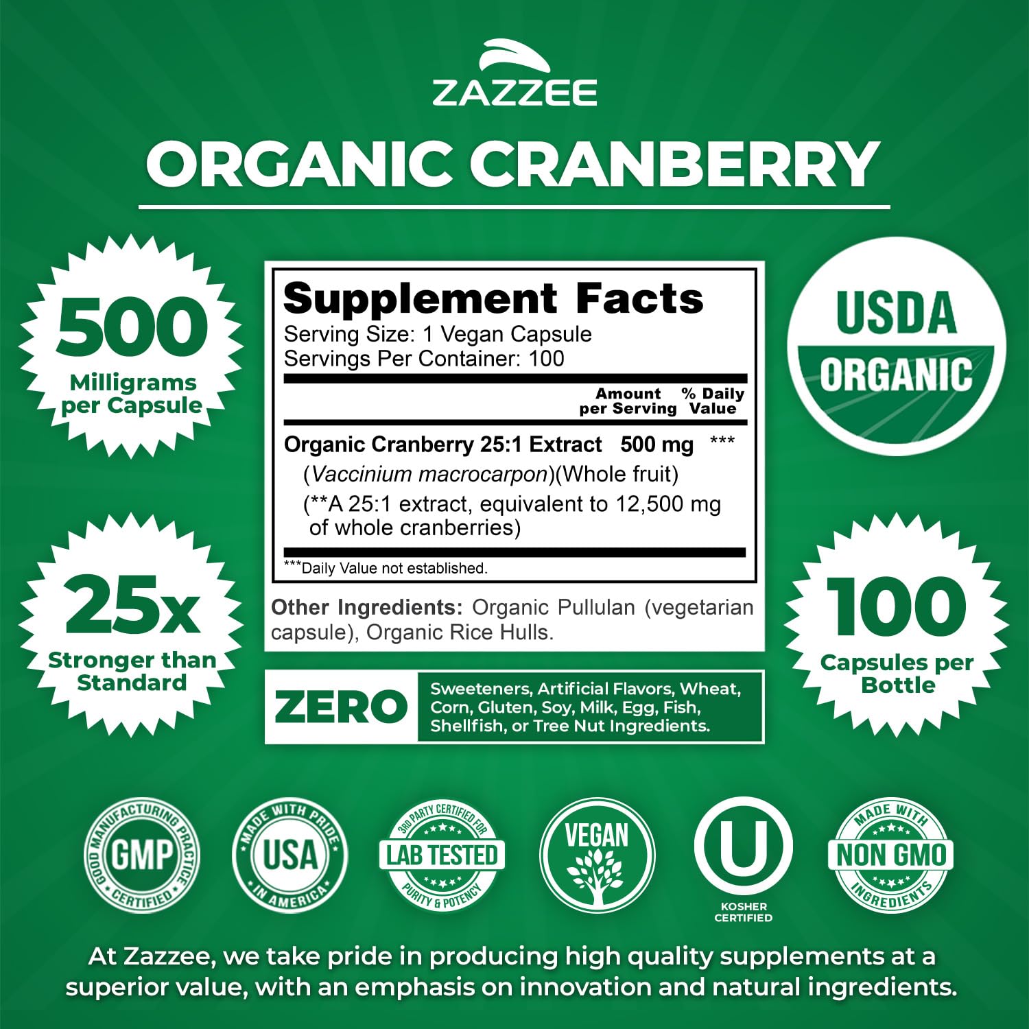 Zazzee USDA Organic Cranberry 25:1 Extract, 500 mg per Capsule, 100 Vegan Capsules, 3+ Month Supply, Certified Kosher, Vaccinium Macrocarpon, Non-GMO, Made in the USA - PrimeBioHealth - canada supplements