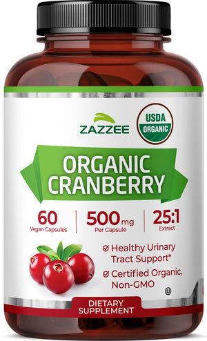 Zazzee USDA Organic Cranberry 25:1 Extract, 500 mg per Capsule, 100 Vegan Capsules, 3+ Month Supply, Certified Kosher, Vaccinium Macrocarpon, Non-GMO, Made in the USA - PrimeBioHealth - canada supplements