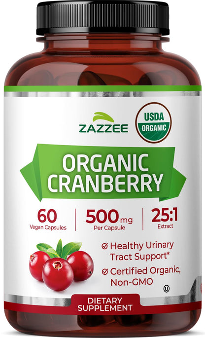 Zazzee USDA Organic Cranberry 25:1 Extract, 500 mg per Capsule, 100 Vegan Capsules, 3+ Month Supply, Certified Kosher, Vaccinium Macrocarpon, Non-GMO, Made in the USA - PrimeBioHealth - canada supplements