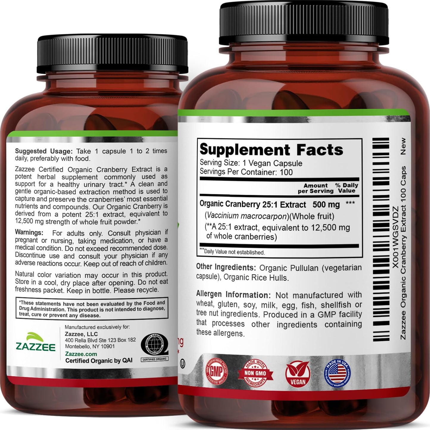 Zazzee USDA Organic Cranberry 25:1 Extract, 500 mg per Capsule, 100 Vegan Capsules, 3+ Month Supply, Certified Kosher, Vaccinium Macrocarpon, Non-GMO, Made in the USA - PrimeBioHealth - canada supplements