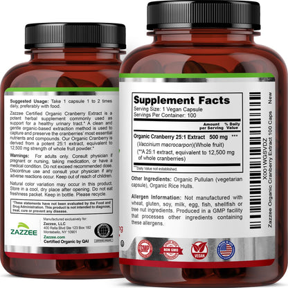 Zazzee USDA Organic Cranberry 25:1 Extract, 500 mg per Capsule, 100 Vegan Capsules, 3+ Month Supply, Certified Kosher, Vaccinium Macrocarpon, Non-GMO, Made in the USA - PrimeBioHealth - canada supplements