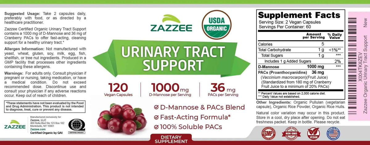 Zazzee USDA Organic Cranberry PACs and D-Mannose, 1000 mg D-Mannose, 36 mg Cranberry PACs, 120 Vegan Capsules, 2 Month Supply, Potent & Fast-Acting, All-Natural Urinary Tract Health Support, Non-GMO