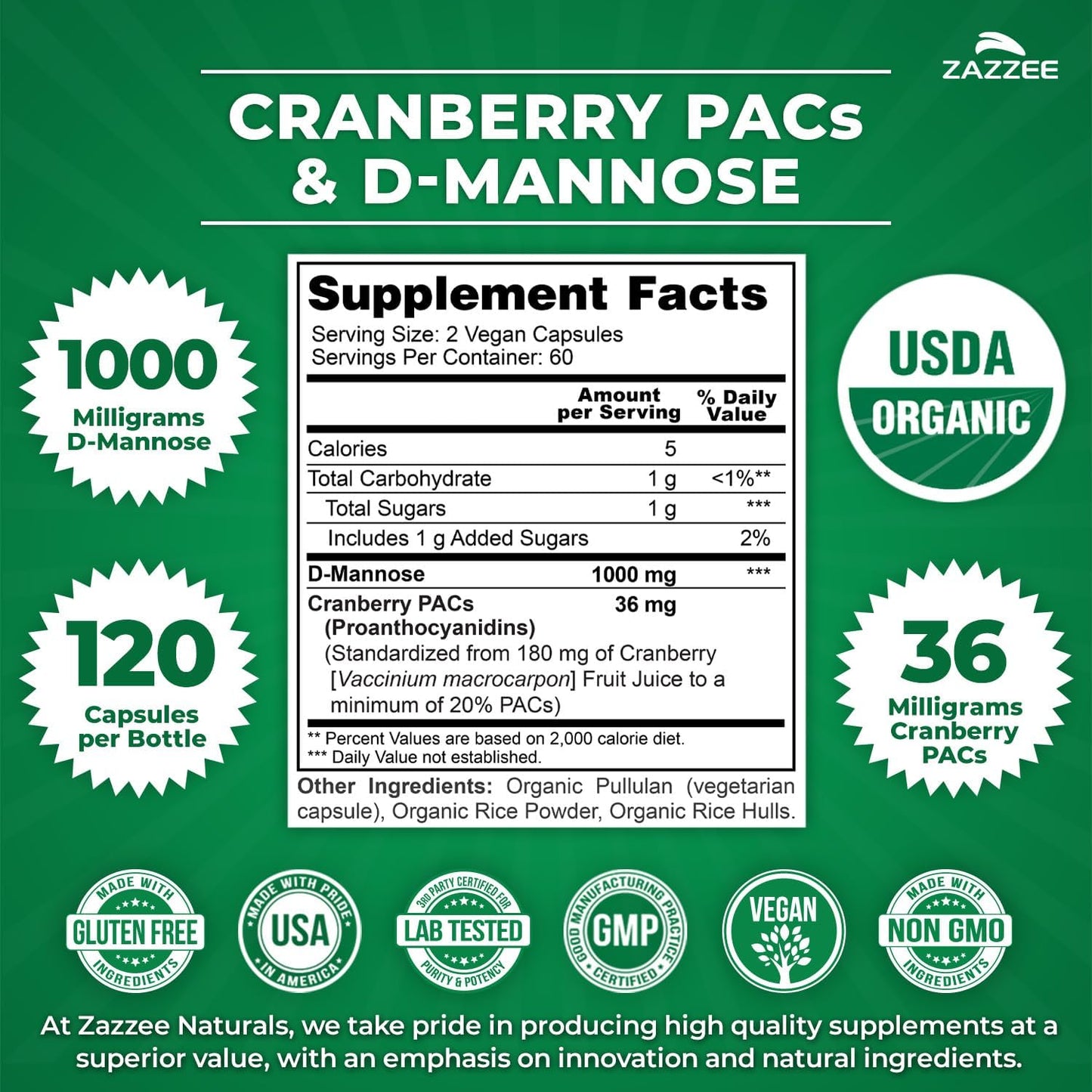 Zazzee USDA Organic Cranberry PACs & D-Mannose, 36 mg PACs per Serving, 1000 mg D-Mannose per Serving, 120 Vegan Capsules, 2 Month Supply, Urinary Tract & Bladder Support, Non-GMO, Made in the USA - PrimeBioHealth - canada supplements