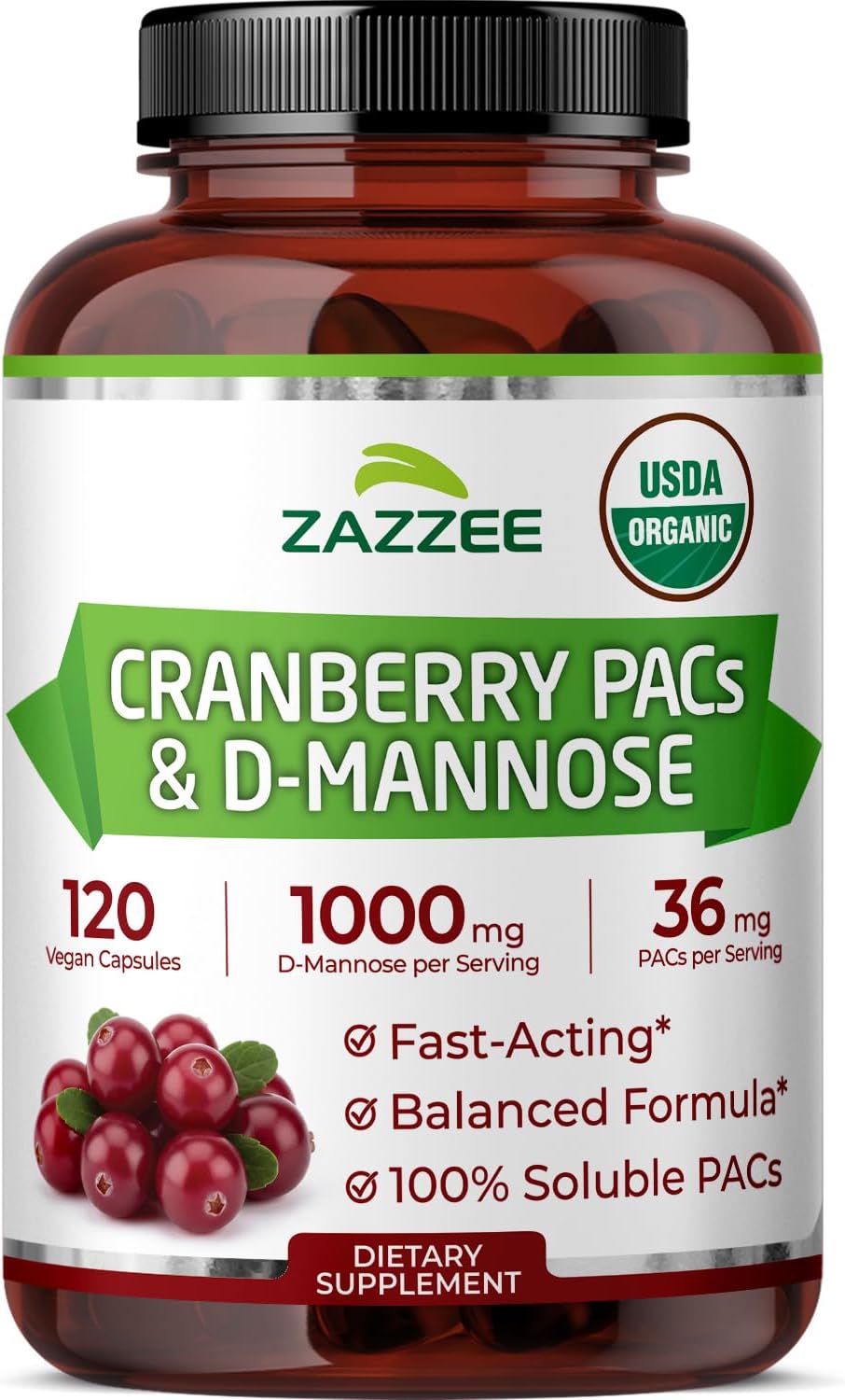 Zazzee USDA Organic Cranberry PACs & D-Mannose, 36 mg PACs per Serving, 1000 mg D-Mannose per Serving, 120 Vegan Capsules, 2 Month Supply, Urinary Tract & Bladder Support, Non-GMO, Made in the USA - PrimeBioHealth - canada supplements