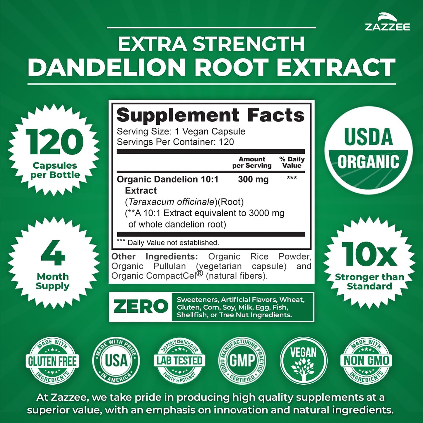 Zazzee USDA Organic Dandelion Root 10:1 Extract, 120 Capsules, 4 Month Supply, Liver & Detox Support, Taraxacum Officinale, Organic Herbal Supplement, All-Natural, Non-GMO, Made in the USA - PrimeBioHealth - canada supplements