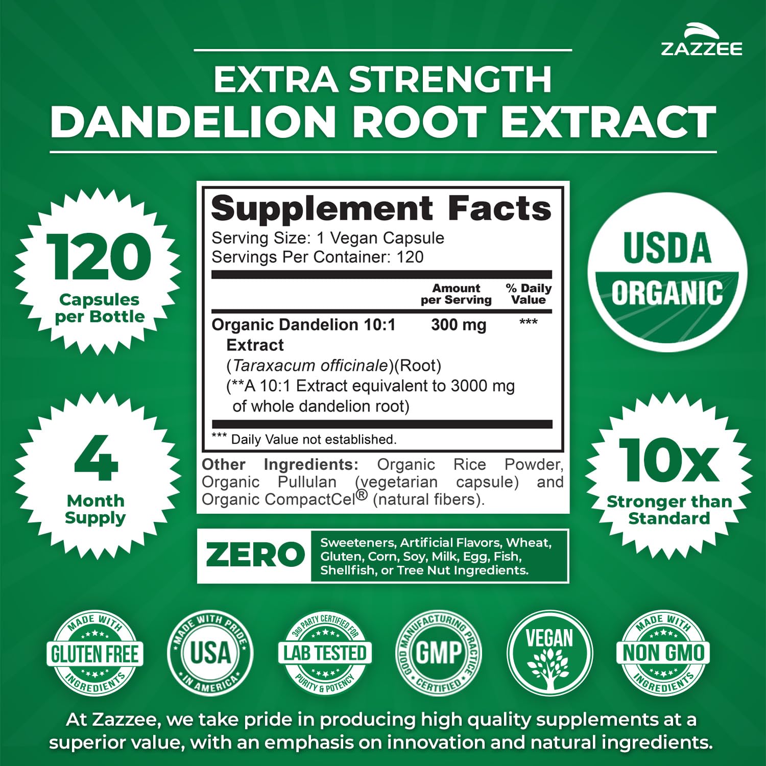 Zazzee USDA Organic Dandelion Root 10:1 Extract, 120 Capsules, 4 Month Supply, Liver & Detox Support, Taraxacum Officinale, Organic Herbal Supplement, All-Natural, Non-GMO, Made in the USA - PrimeBioHealth - canada supplements