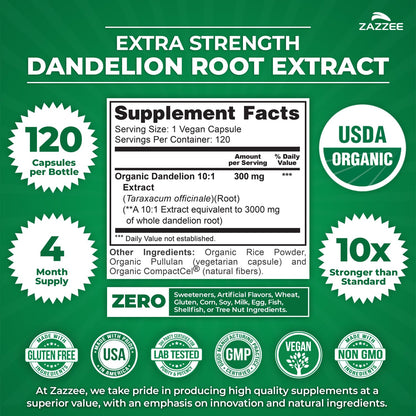 Zazzee USDA Organic Dandelion Root 10:1 Extract, 120 Capsules, 4 Month Supply, Liver & Detox Support, Taraxacum Officinale, Organic Herbal Supplement, All-Natural, Non-GMO, Made in the USA - PrimeBioHealth - canada supplements