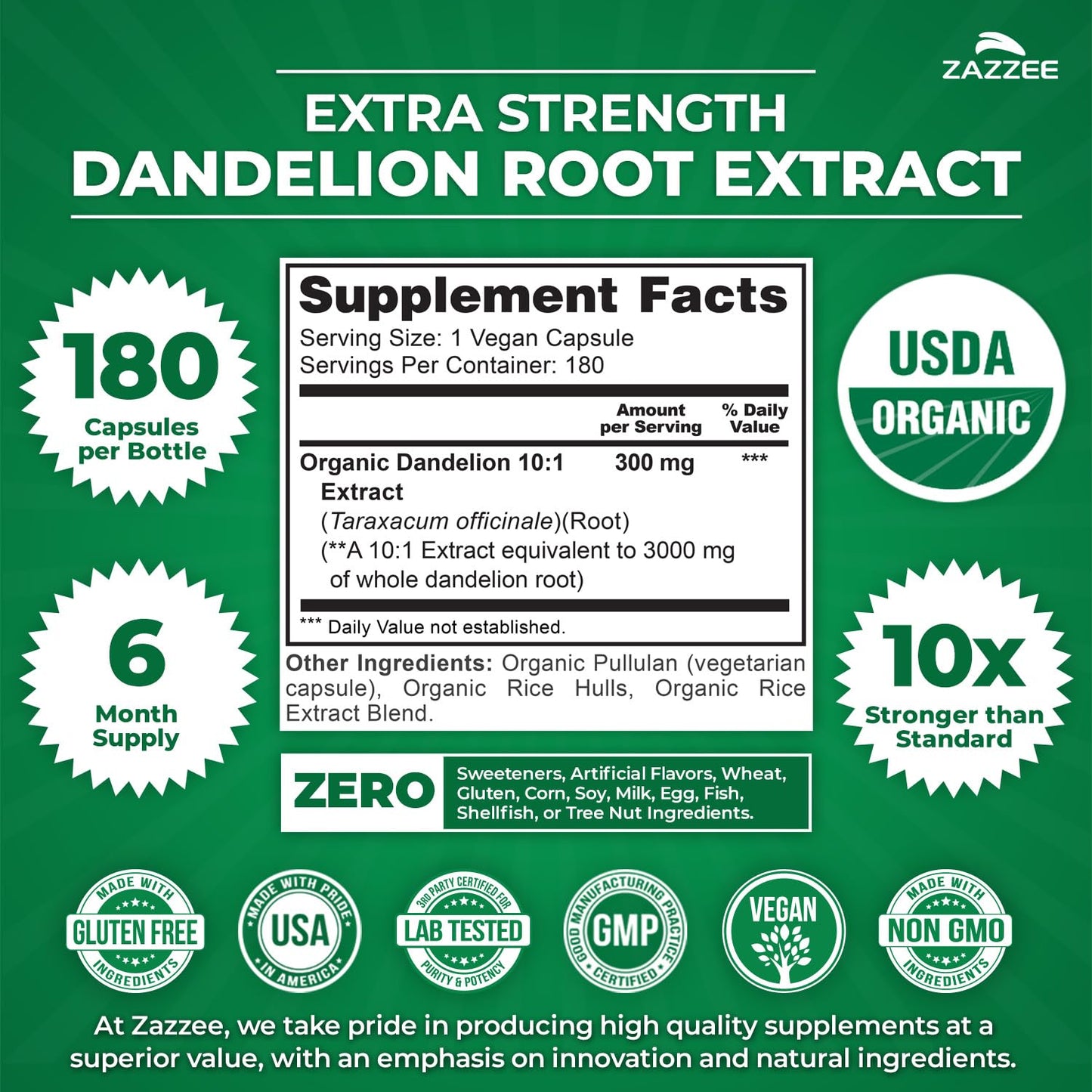 Zazzee USDA Organic Dandelion Root 10:1 Extract, 120 Capsules, 4 Month Supply, Liver & Detox Support, Taraxacum Officinale, Organic Herbal Supplement, All-Natural, Non-GMO, Made in the USA - PrimeBioHealth - canada supplements