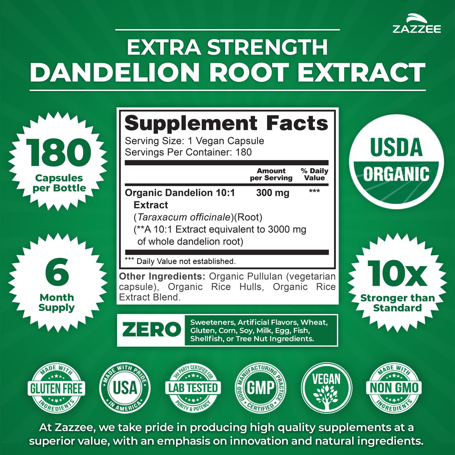 Zazzee USDA Organic Dandelion Root 10:1 Extract, 120 Capsules, 4 Month Supply, Liver & Detox Support, Taraxacum Officinale, Organic Herbal Supplement, All-Natural, Non-GMO, Made in the USA - PrimeBioHealth - canada supplements