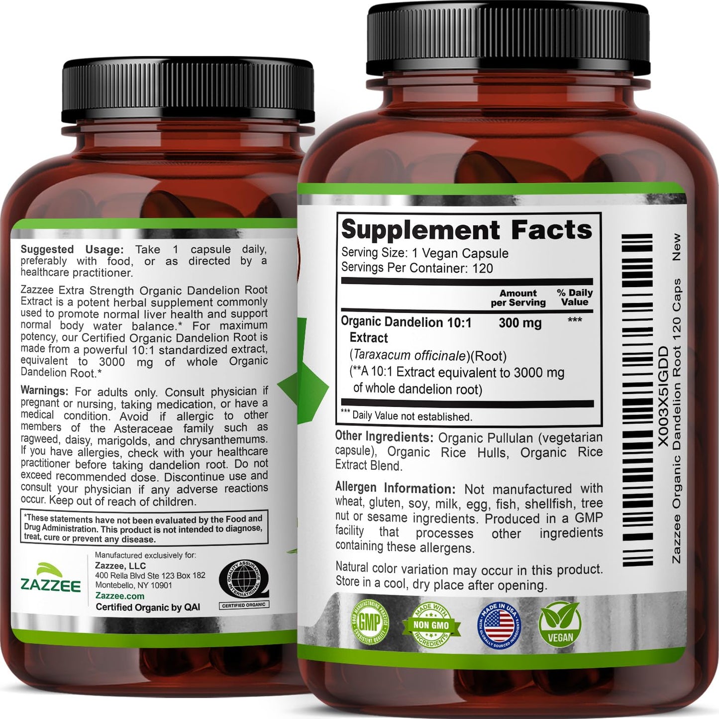 Zazzee USDA Organic Dandelion Root 10:1 Extract, 120 Capsules, 4 Month Supply, Liver & Detox Support, Taraxacum Officinale, Organic Herbal Supplement, All-Natural, Non-GMO, Made in the USA - PrimeBioHealth - canada supplements