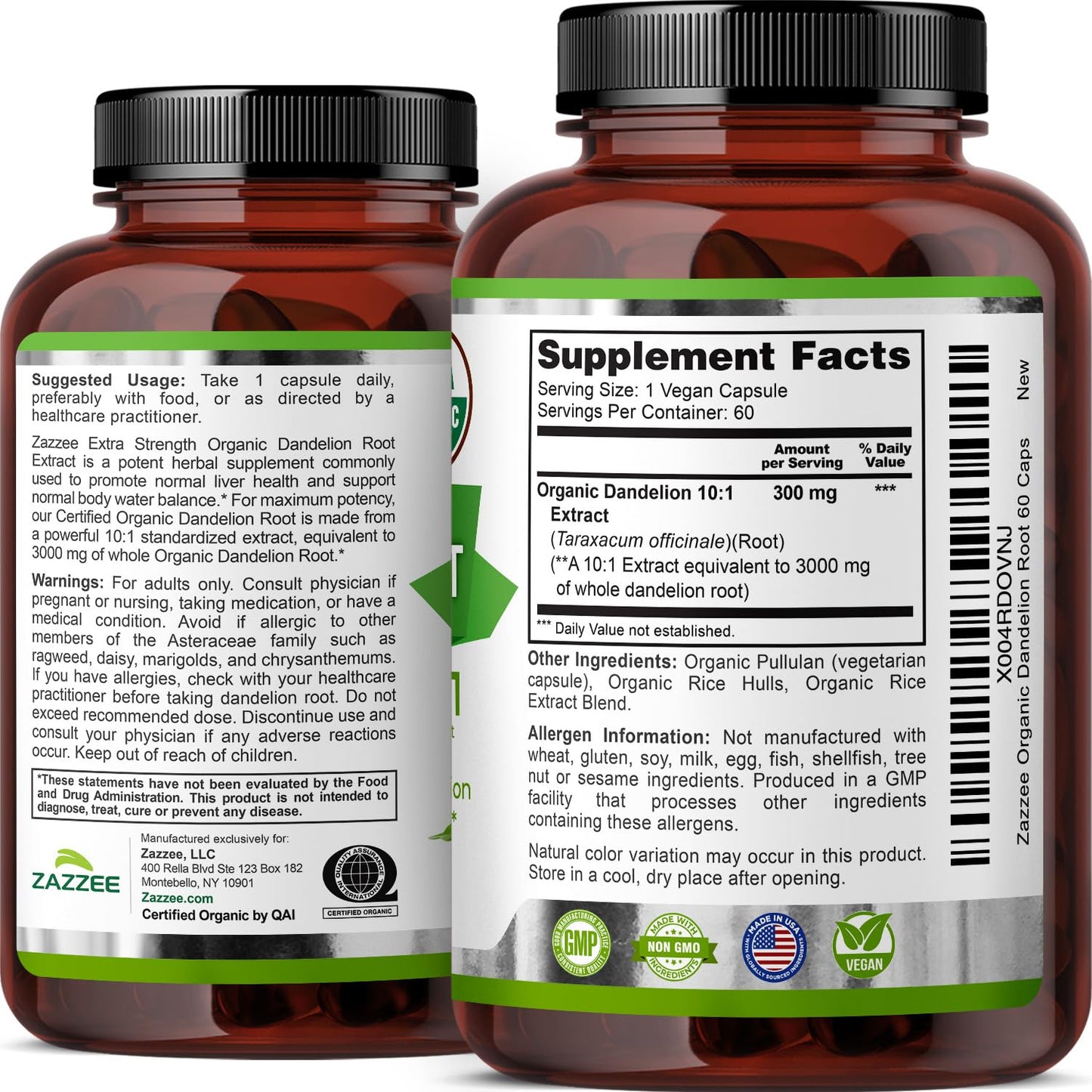 Zazzee USDA Organic Dandelion Root 10:1 Extract, 120 Capsules, 4 Month Supply, Liver & Detox Support, Taraxacum Officinale, Organic Herbal Supplement, All-Natural, Non-GMO, Made in the USA - PrimeBioHealth - canada supplements