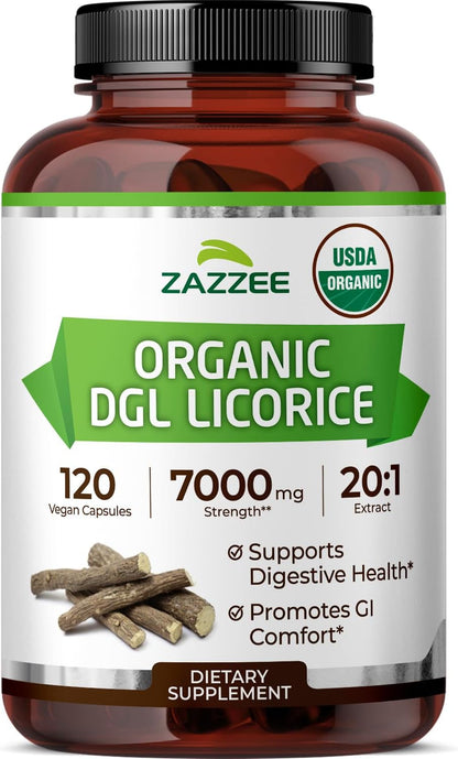 Zazzee USDA Organic DGL Licorice 20:1 Extract, 120 Vegan Capsules, 4 Month Supply, Deglycyrrhizinated Licorice Root, Glycyrrhiza Glabra, Digestive & Stomach Support, All-Natural, Non-GMO, Made in USA - PrimeBioHealth - canada supplements