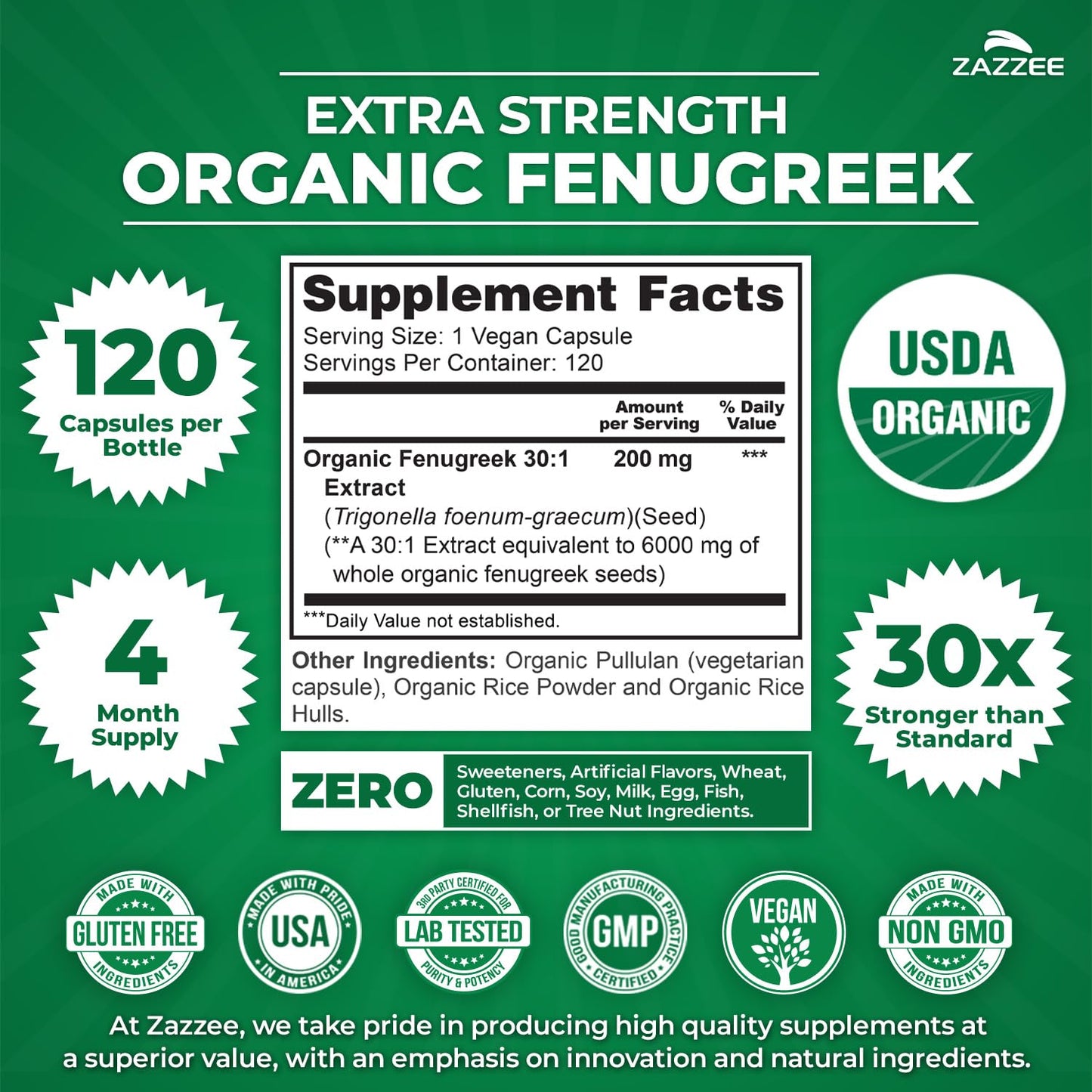 Zazzee USDA Organic Fenugreek 30:1 Extract, 120 Vegan Capsules, 4 Month Supply, Breastfeeding & Lactation Support for Nursing Mothers, Organic Herbal Supplement, All-Natural, Non-GMO, Made in the USA - PrimeBioHealth - canada supplements