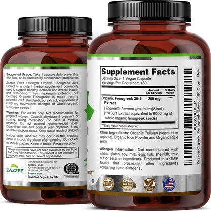 Zazzee USDA Organic Fenugreek 30:1 Extract, 120 Vegan Capsules, 4 Month Supply, Breastfeeding & Lactation Support for Nursing Mothers, Organic Herbal Supplement, All-Natural, Non-GMO, Made in the USA - PrimeBioHealth - canada supplements