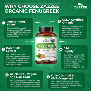 Zazzee USDA Organic Fenugreek 30:1 Extract, 120 Vegan Capsules, 4 Month Supply, Breastfeeding & Lactation Support for Nursing Mothers, Organic Herbal Supplement, All-Natural, Non-GMO, Made in the USA - PrimeBioHealth - canada supplements