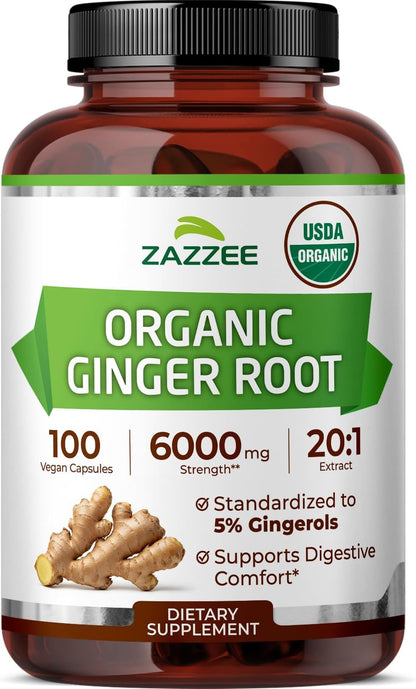 Zazzee USDA Organic Ginger Root 20:1 Extract, 5% Gingerols, 100 Vegan Capsules, 3+ Month Supply, Zingiber Officinale, Digestive & Stomach Support, All-Natural, Non-GMO, Made in the USA - PrimeBioHealth - canada supplements
