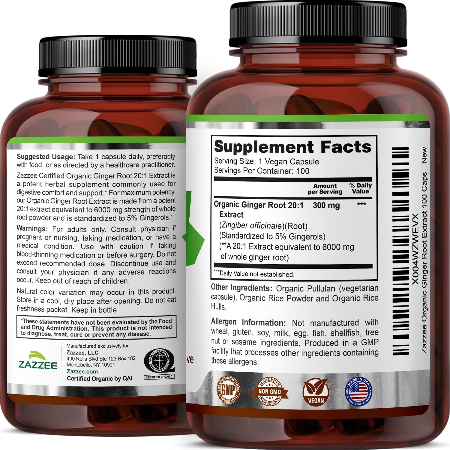Zazzee USDA Organic Ginger Root 20:1 Extract, 5% Gingerols, 100 Vegan Capsules, 3+ Month Supply, Zingiber Officinale, Digestive & Stomach Support, All-Natural, Non-GMO, Made in the USA - PrimeBioHealth - canada supplements