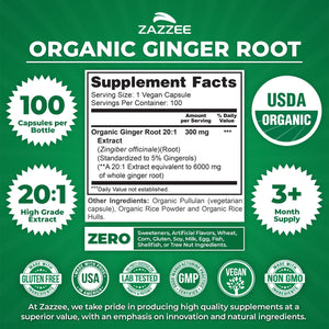 Zazzee USDA Organic Ginger Root 20:1 Extract, 5% Gingerols, 100 Vegan Capsules, 3+ Month Supply, Zingiber Officinale, Digestive & Stomach Support, All-Natural, Non-GMO, Made in the USA - PrimeBioHealth - canada supplements