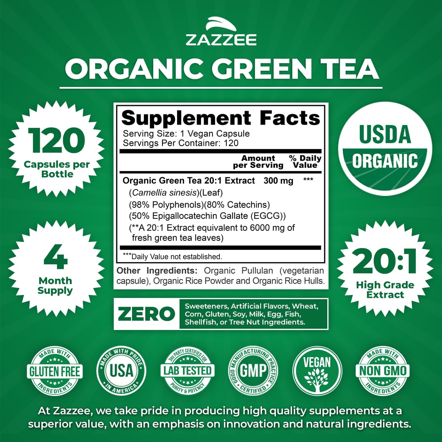 Zazzee USDA Organic Green Tea 20:1 Extract, 50% EGCG, 98% Polyphenols, 80% Catechins, 120 Vegan Capsules, 4 Month Supply, Antioxidant, Metabolism & Energy Support, Non-GMO, All-Natural, Made in USA - PrimeBioHealth - canada supplements