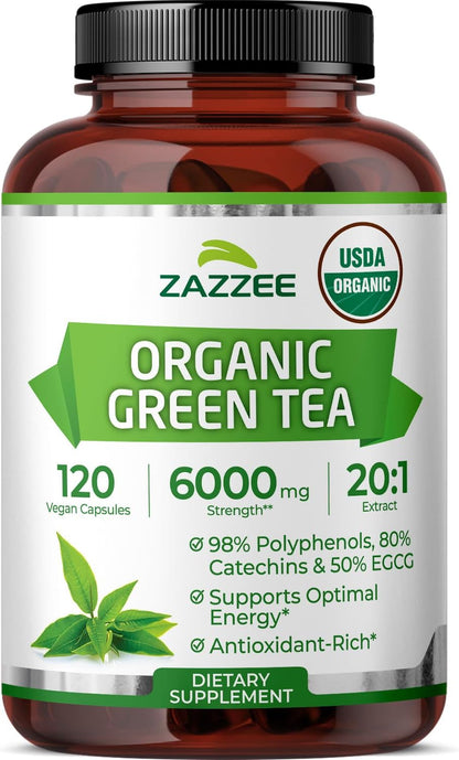 Zazzee USDA Organic Green Tea 20:1 Extract, 50% EGCG, 98% Polyphenols, 80% Catechins, 120 Vegan Capsules, 4 Month Supply, Antioxidant, Metabolism & Energy Support, Non-GMO, All-Natural, Made in USA - PrimeBioHealth - canada supplements