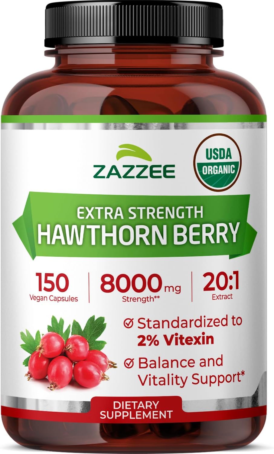Zazzee USDA Organic Hawthorn Berry 20:1 Extract, 2% Vitexin, 150 Capsules | 5 Month Supply, Vegan, Crataegus Pinnatifida, Antioxidant & Circulation Support, Herbal Supplement, Non-GMO, Made in the USA - PrimeBioHealth - canada supplements