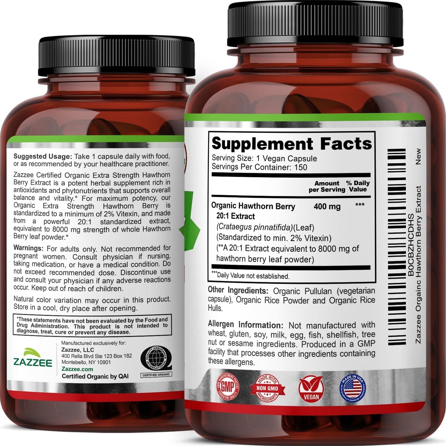 Zazzee USDA Organic Hawthorn Berry 20:1 Extract, 2% Vitexin, 150 Capsules | 5 Month Supply, Vegan, Crataegus Pinnatifida, Antioxidant & Circulation Support, Herbal Supplement, Non-GMO, Made in the USA - PrimeBioHealth - canada supplements
