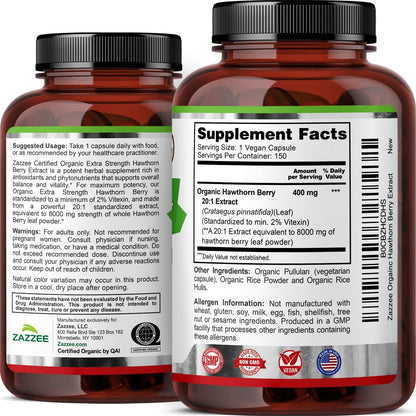 Zazzee USDA Organic Hawthorn Berry 20:1 Extract, 2% Vitexin, 150 Capsules | 5 Month Supply, Vegan, Crataegus Pinnatifida, Antioxidant & Circulation Support, Herbal Supplement, Non-GMO, Made in the USA - PrimeBioHealth - canada supplements
