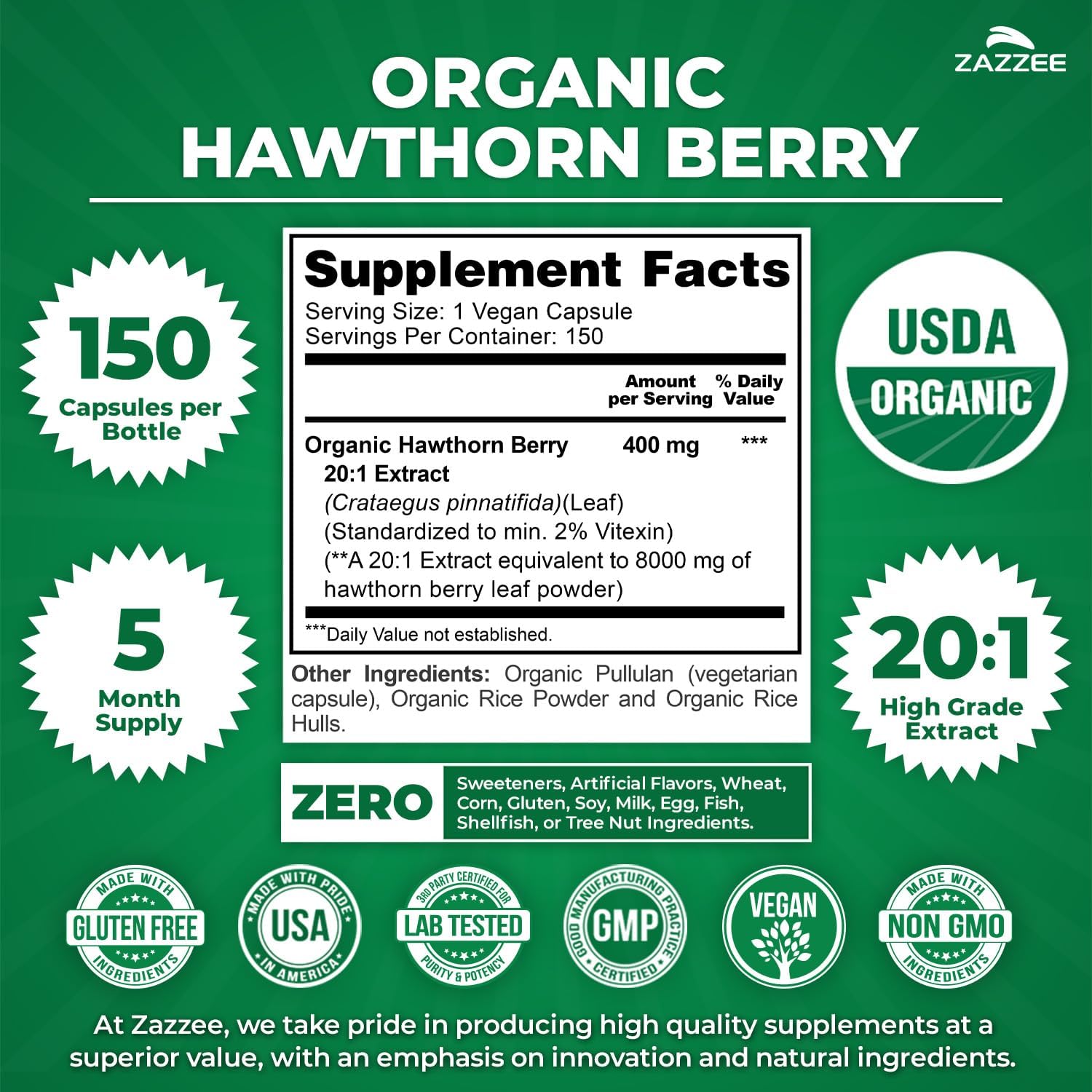 Zazzee USDA Organic Hawthorn Berry 20:1 Extract, 2% Vitexin, 150 Capsules | 5 Month Supply, Vegan, Crataegus Pinnatifida, Antioxidant & Circulation Support, Herbal Supplement, Non-GMO, Made in the USA - PrimeBioHealth - canada supplements