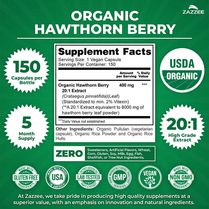Zazzee USDA Organic Hawthorn Berry 20:1 Extract, 2% Vitexin, 150 Capsules | 5 Month Supply, Vegan, Crataegus Pinnatifida, Antioxidant & Circulation Support, Herbal Supplement, Non-GMO, Made in the USA - PrimeBioHealth - canada supplements