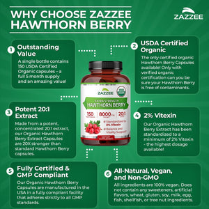 Zazzee USDA Organic Hawthorn Berry 20:1 Extract, 2% Vitexin, 150 Capsules | 5 Month Supply, Vegan, Crataegus Pinnatifida, Antioxidant & Circulation Support, Herbal Supplement, Non-GMO, Made in the USA - PrimeBioHealth - canada supplements