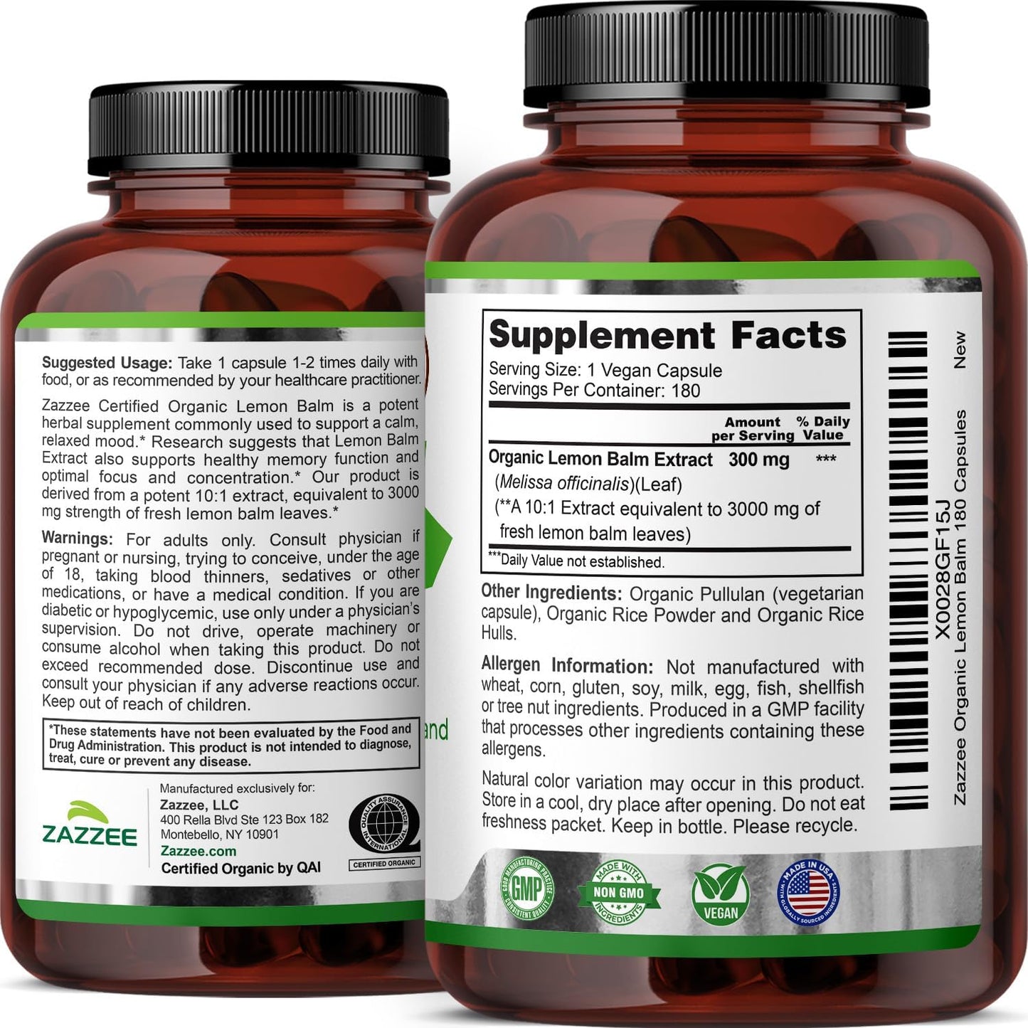Zazzee USDA Organic Lemon Balm 10:1 Extract, 180 Capsules, 6 Month Supply | Vegan, All-Natural, Non-GMO, Melissa Officinalis, Calm, Mood, Stress & Relaxation Support, Herbal Supplement, Made in the USA - PrimeBioHealth - canada supplements