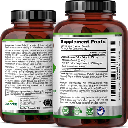 Zazzee USDA Organic Lemon Balm 10:1 Extract, 180 Capsules, 6 Month Supply | Vegan, All-Natural, Non-GMO, Melissa Officinalis, Calm, Mood, Stress & Relaxation Support, Herbal Supplement, Made in the USA - PrimeBioHealth - canada supplements