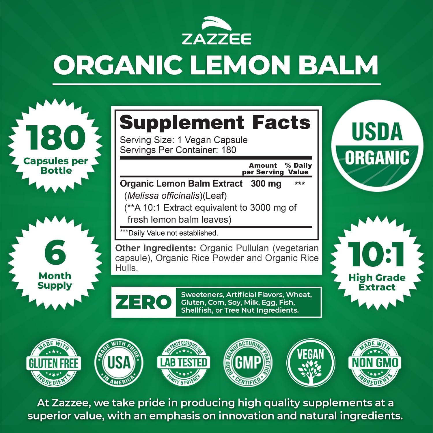 Zazzee USDA Organic Lemon Balm 10:1 Extract, 180 Capsules, 6 Month Supply | Vegan, All-Natural, Non-GMO, Melissa Officinalis, Calm, Mood, Stress & Relaxation Support, Herbal Supplement, Made in the USA - PrimeBioHealth - canada supplements