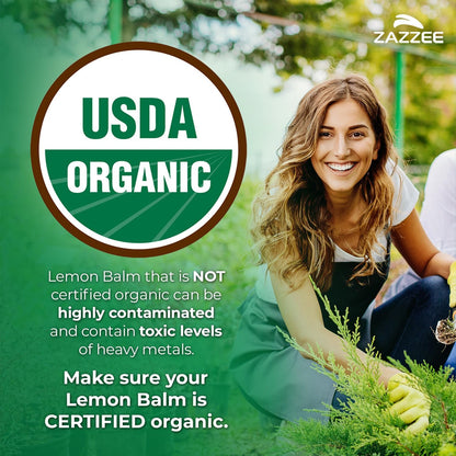 Zazzee USDA Organic Lemon Balm 10:1 Extract, 180 Capsules, 6 Month Supply | Vegan, All-Natural, Non-GMO, Melissa Officinalis, Calm, Mood, Stress & Relaxation Support, Herbal Supplement, Made in the USA - PrimeBioHealth - canada supplements