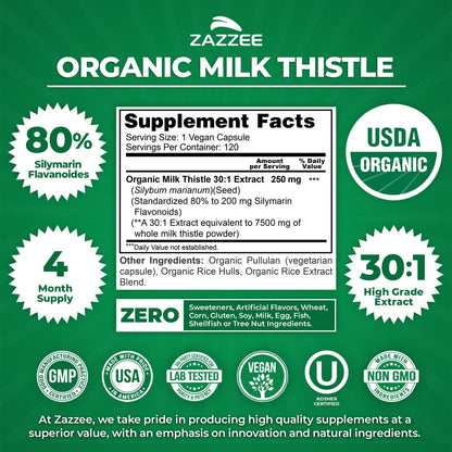 Zazzee USDA Organic Milk Thistle 30:1 Extract, 80% Silymarin, 120 Vegan Capsules, 4 Month Supply, Certified Kosher, High Potency Liver & Antioxidant Support, Silybum Marianum, Non-GMO, Made in the USA - PrimeBioHealth - canada supplements