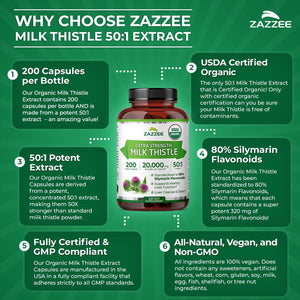 Zazzee USDA Organic Milk Thistle 50:1 Extract, 80% Silymarin Flavonoids, 200 Vegan Capsules, 6+ Month Supply, Silybum Marianum, Liver Support & Detox Support, Organic All-Natural, Non-GMO, Made in USA - PrimeBioHealth - canada supplements