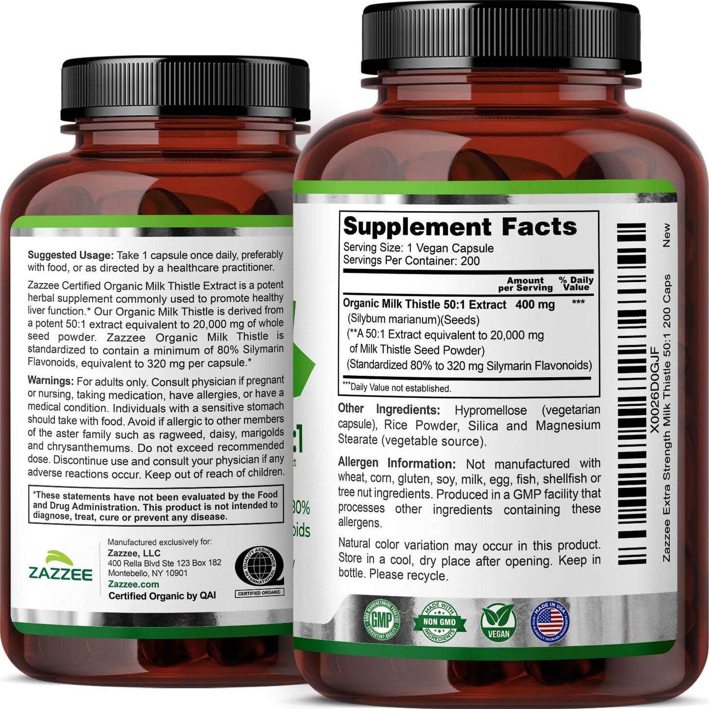 Zazzee USDA Organic Milk Thistle 50:1 Extract, 80% Silymarin Flavonoids, 200 Vegan Capsules, 6+ Month Supply, Silybum Marianum, Liver Support & Detox Support, Organic All-Natural, Non-GMO, Made in USA - PrimeBioHealth - canada supplements