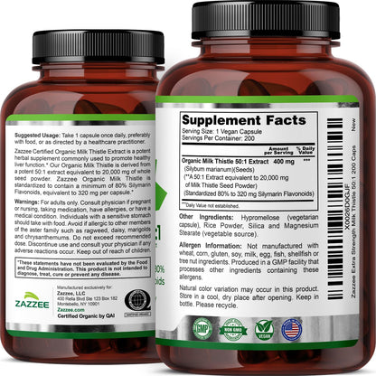 Zazzee USDA Organic Milk Thistle 50:1 Extract, 80% Silymarin Flavonoids, 200 Vegan Capsules, 6+ Month Supply, Silybum Marianum, Liver Support & Detox Support, Organic All-Natural, Non-GMO, Made in USA - PrimeBioHealth - canada supplements